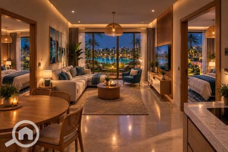 3 Bedroom Flat for Sale in Hurghada, Red Sea - Luxury Resort Living Room at Dusk. png