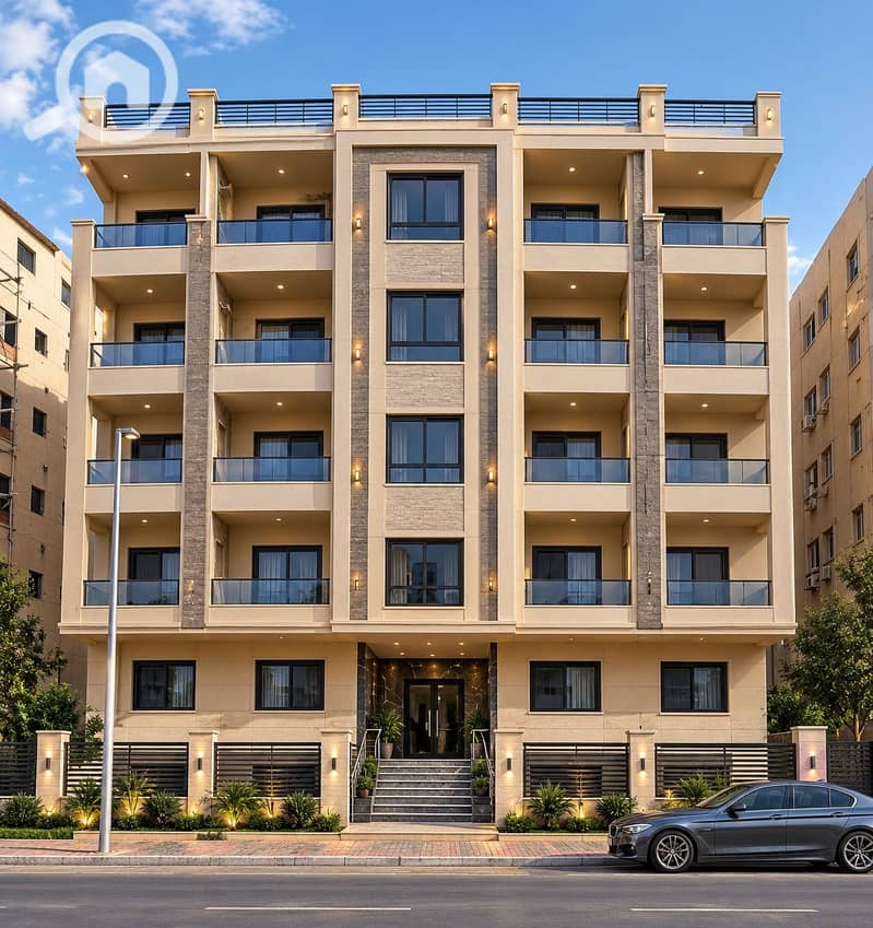 3 Modern Apartment Facade at Dusk. png
