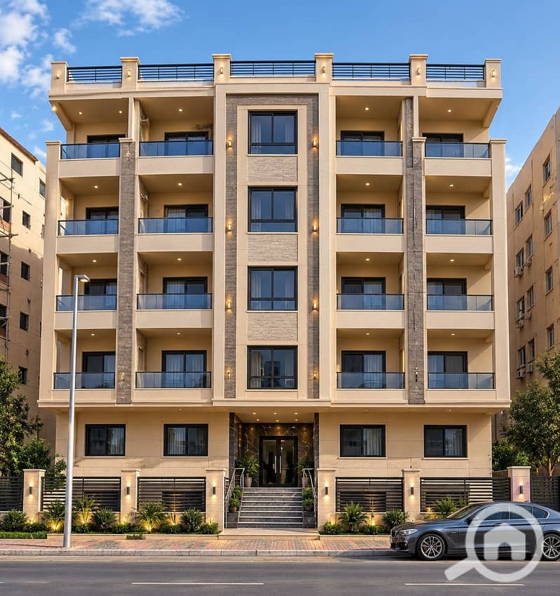 4 Modern Apartment Facade at Dusk. png