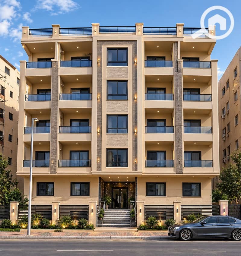 5 Modern Apartment Facade at Dusk. png
