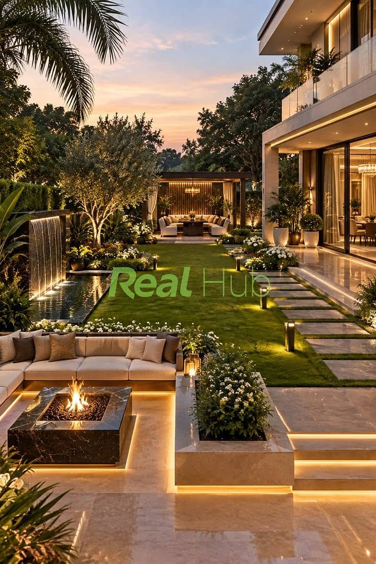 4 Luxury Modern Backyard Garden with Fire Pit & Waterfall ✨. jpeg