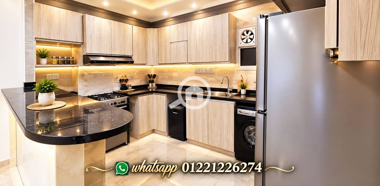 3 Modern Oak Kitchen with Glossy Black Counters. png