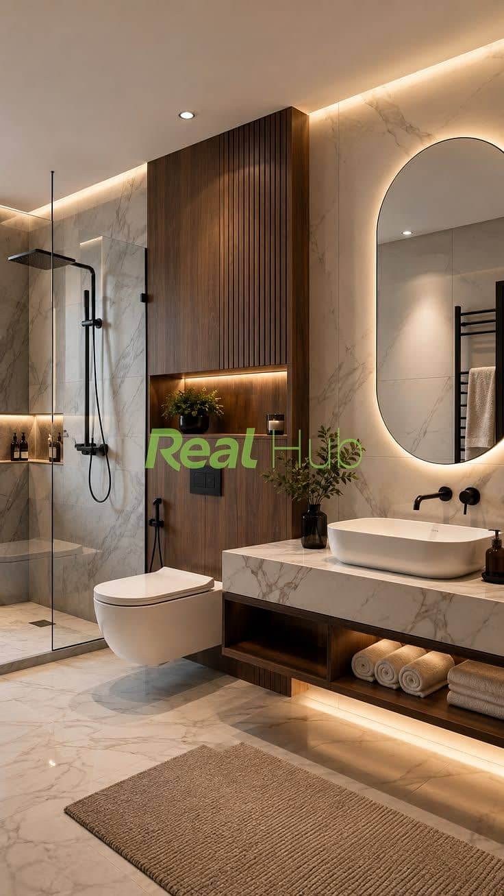 8 Modern Luxury Bathroom Ideas With Marble & Warm Wood. jpeg