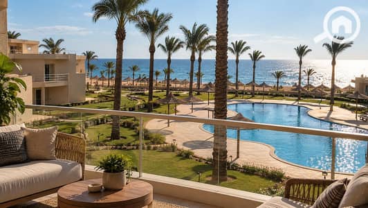 2 Bedroom Chalet for Sale in Ain Sukhna, Suez - Balcony View of a Tropical Resort Pool. png 2 Bedroom Chalet for Sale in Ain Sukhna, Suez - Balcony View of a Tropical Resort Pool. png