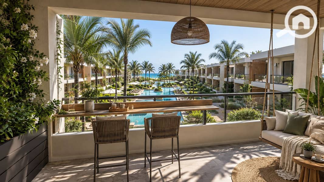 4 Luxury Resort Balcony Overlooking Pool Courtyard. png
