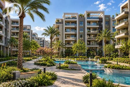 شقة 3 غرف نوم للبيع في 6 اكتوبر، الجيزة - Modern Courtyard with Pools and Palms. png شقة 3 غرف نوم للبيع في 6 اكتوبر، الجيزة - Modern Courtyard with Pools and Palms. png