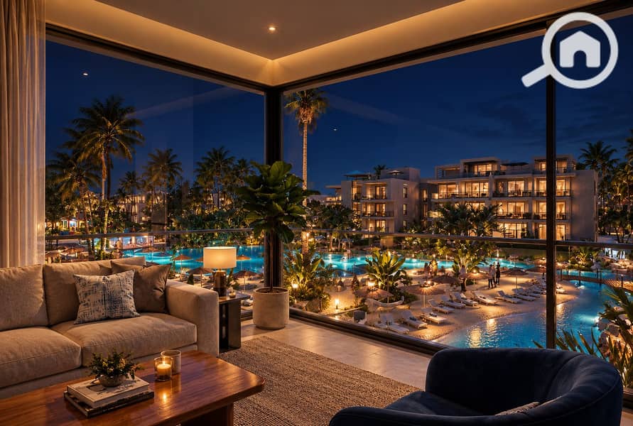 55 Luxury Living Room Overlooking Resort Nightscape. png