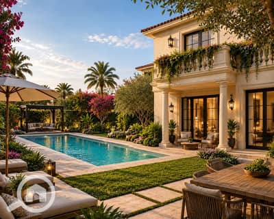 3 Bedroom Twin House for Sale in Sheikh Zayed, Giza - Mediterranean Villa Poolside at Golden Hour. png
