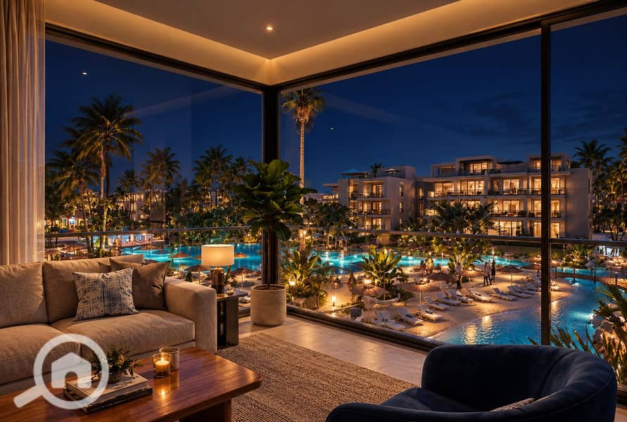 55 Luxury Living Room Overlooking Resort Nightscape. png