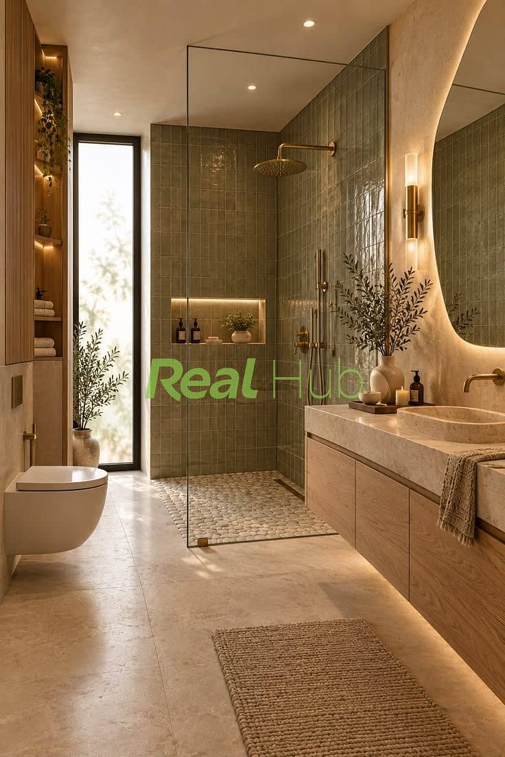 15 Organic Modern Bathroom Design _ Olive Green Zellige Tile Shower. jpeg