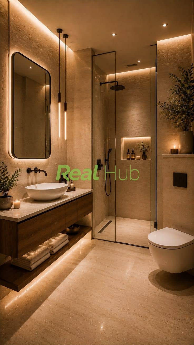 10 Small Full Bathroom Ideas with Warm Modern Lighting. jpeg