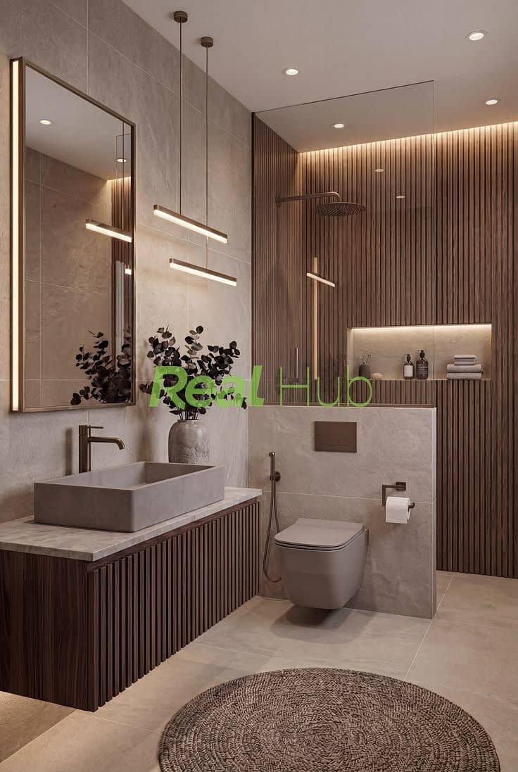 8 Bathroom Design with Warm Wood Slat Features and Neutral Tiles. jpeg