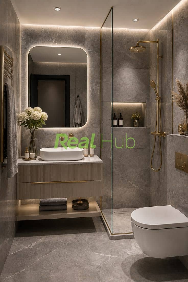 11 Graues Badezimmer mit Marmor Look & Gold Akzenten. jpeg