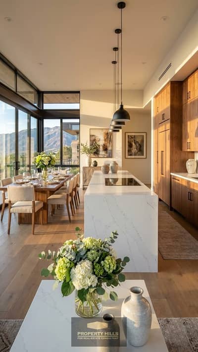 شقة 3 غرف نوم للبيع في الشيخ زايد، الجيزة - Luxury Open-Concept Kitchen & Dining Room with Breathtaking Mountain Views. jpeg