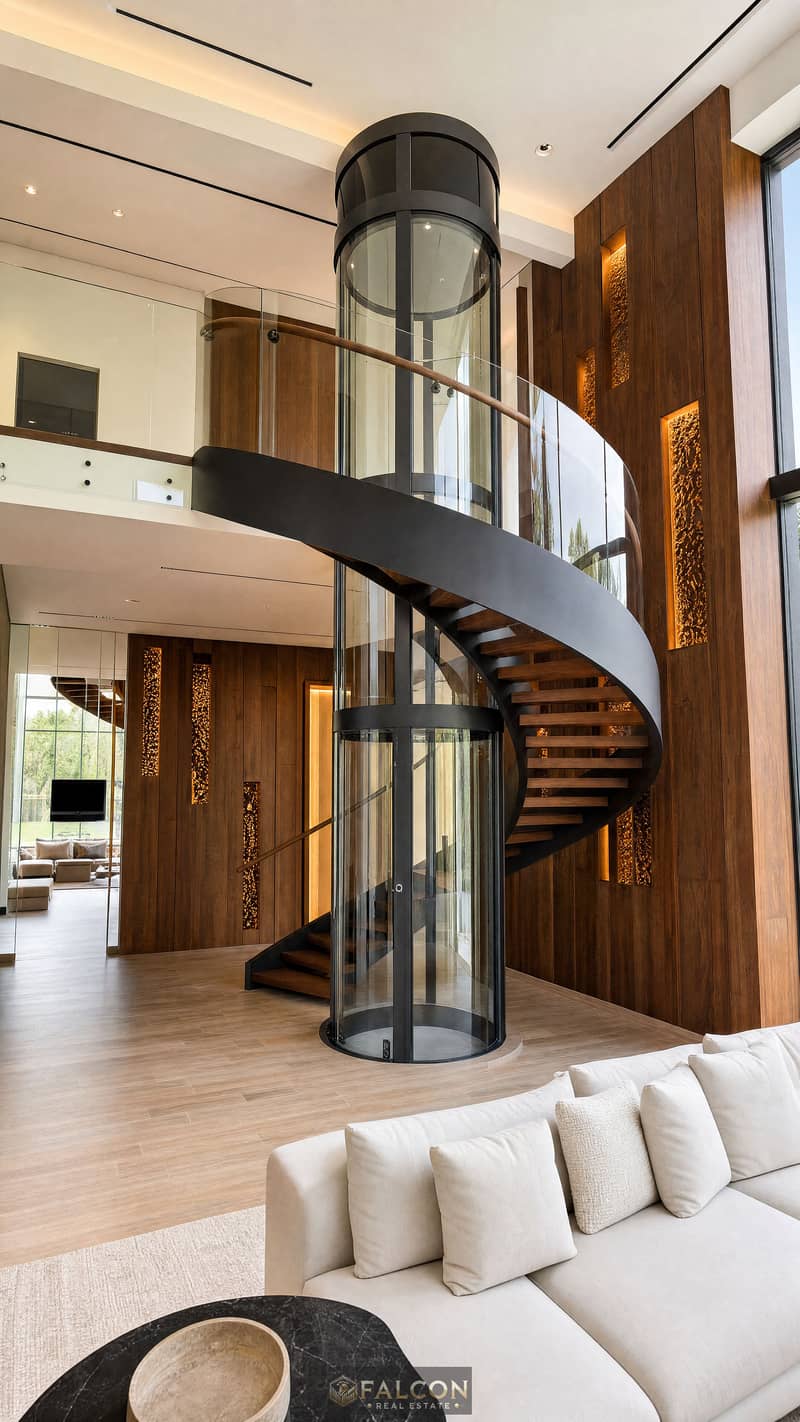 Double-Height Living Room with Sculptural Glass Elevator _ M-System Elevator. png Double-Height Living Room with Sculptural Glass Elevator _ M-System Elevator. png